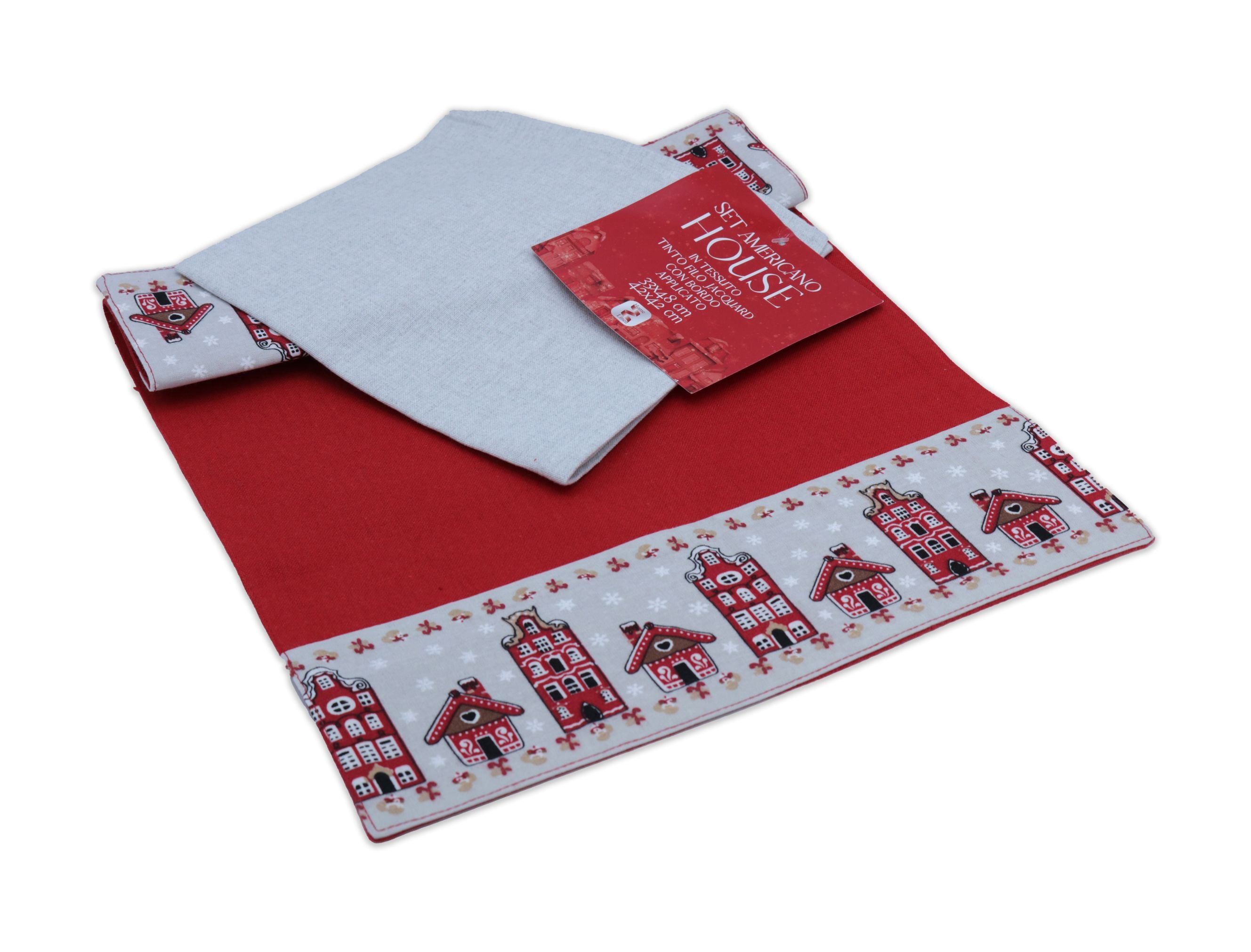طقم مفرش صحون ومنديل طعام Home Linen – رمادي وأحمر