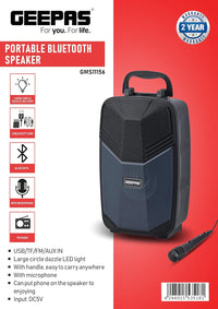 Geepas Portable Bluetooth Speaker with Microphone – GMS11156 | USB/TF/FM/AUX | LED Light | 10W | 30M Range | Black