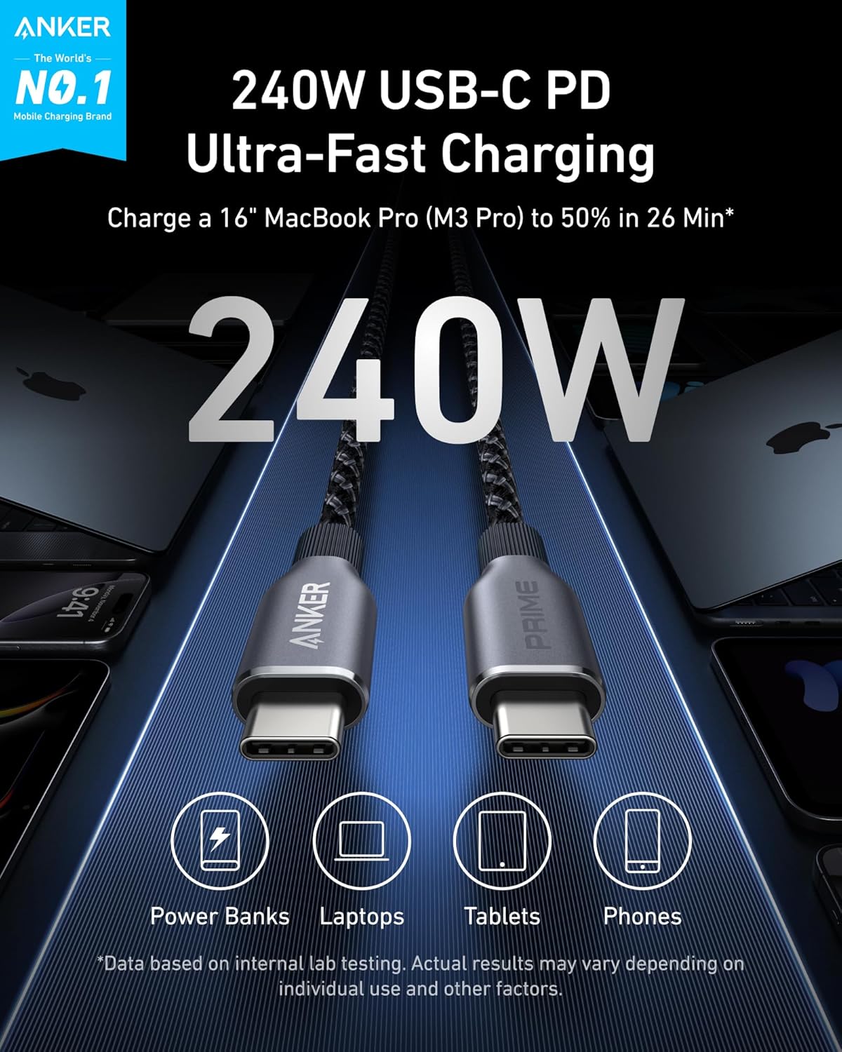 Anker Prime USB-C to USB-C Cable 240W 6ft Durable