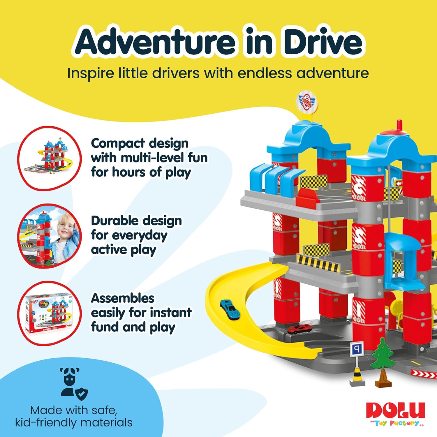 DOLU 3-Level Car Garage Playset with Lift & 2 Diecast Cars
