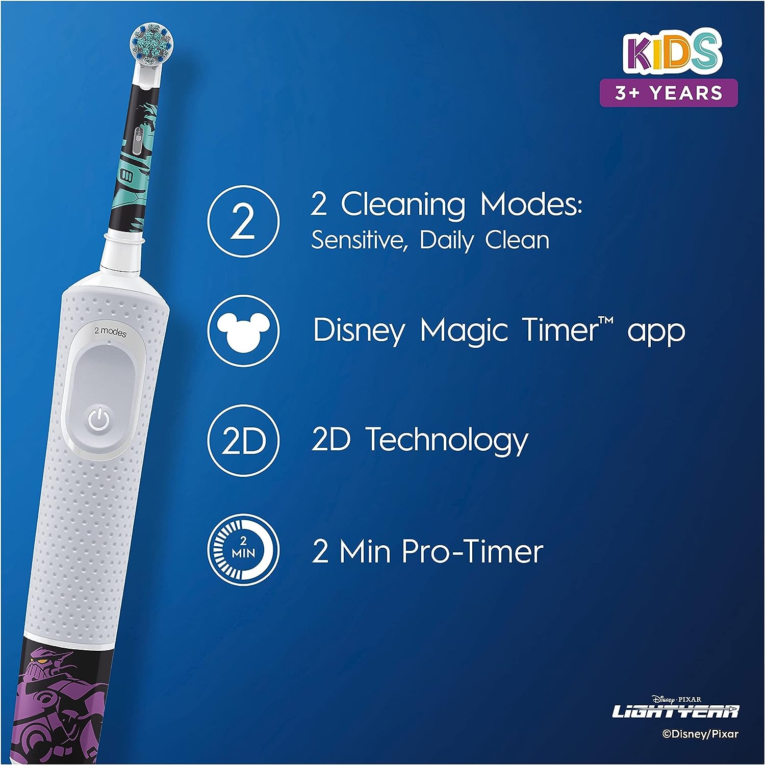 Oral-B by Braun Kids Rechargeable Electric Toothbrush with 4 Disney Lightyear Themed Stickers