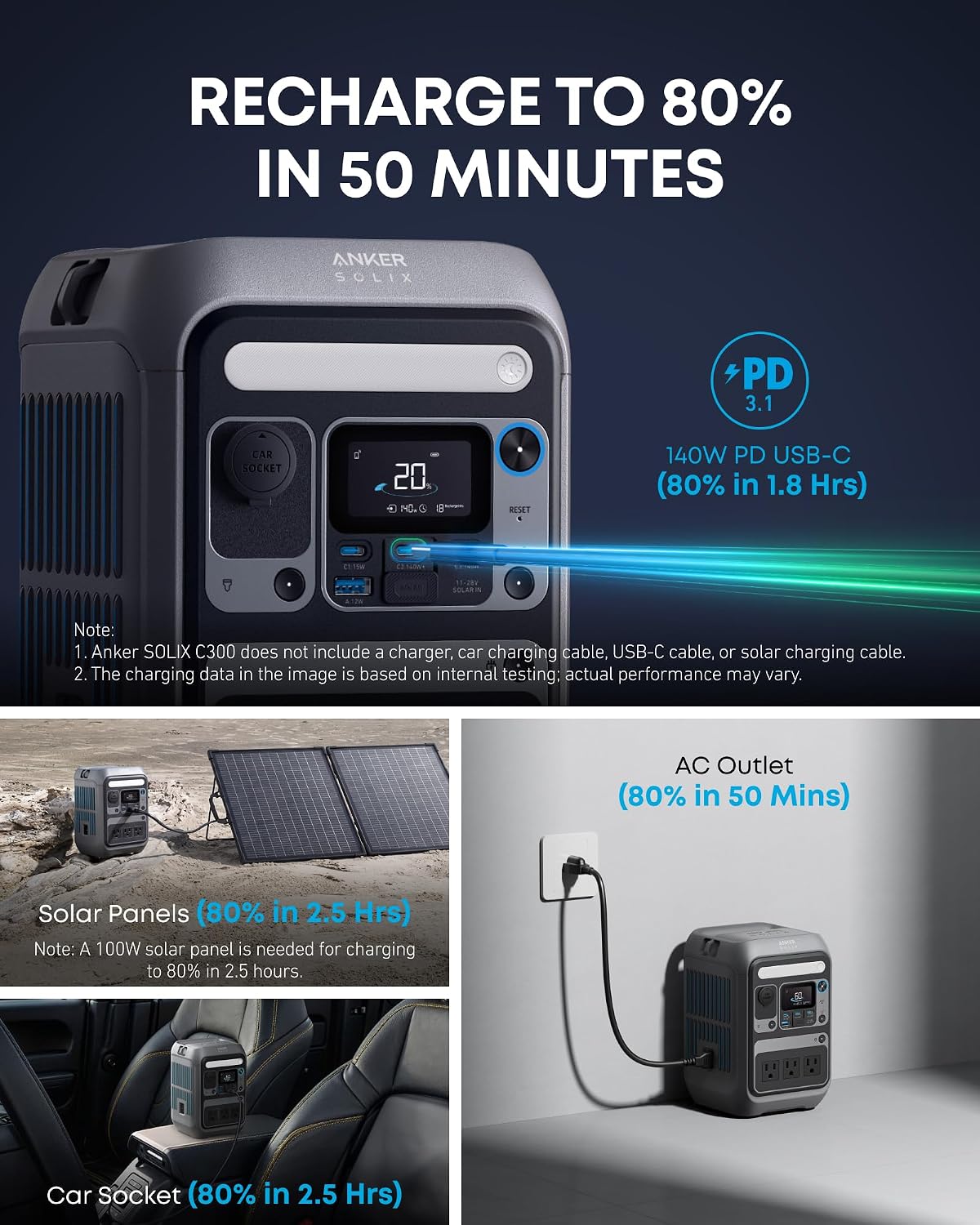 Anker SOLIX C300 Portable Power Station 288Wh 300W – Camping Solar Generator