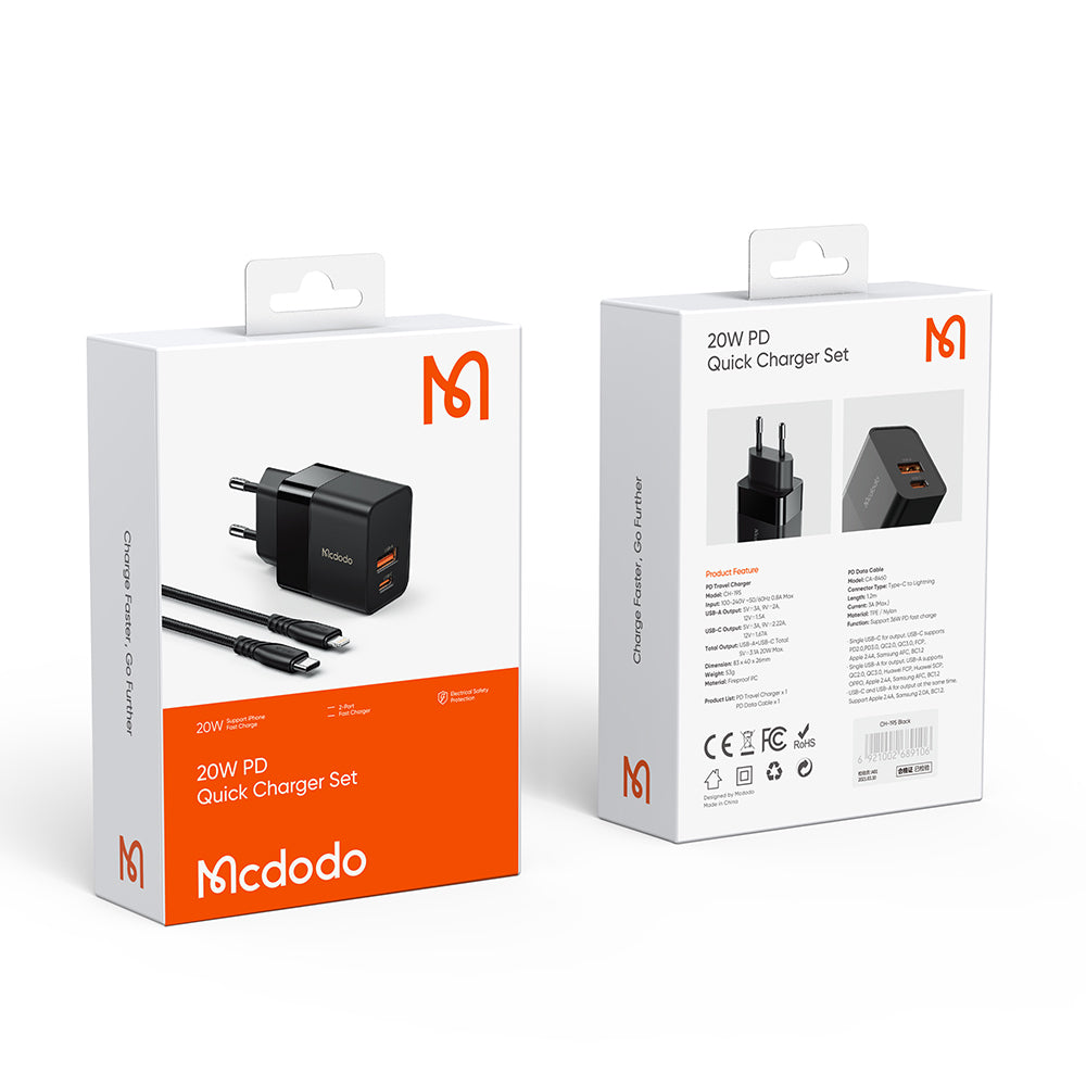 Mcdodo USB + USB-C wall charger 20W & USB-C to Lightning cable -Black