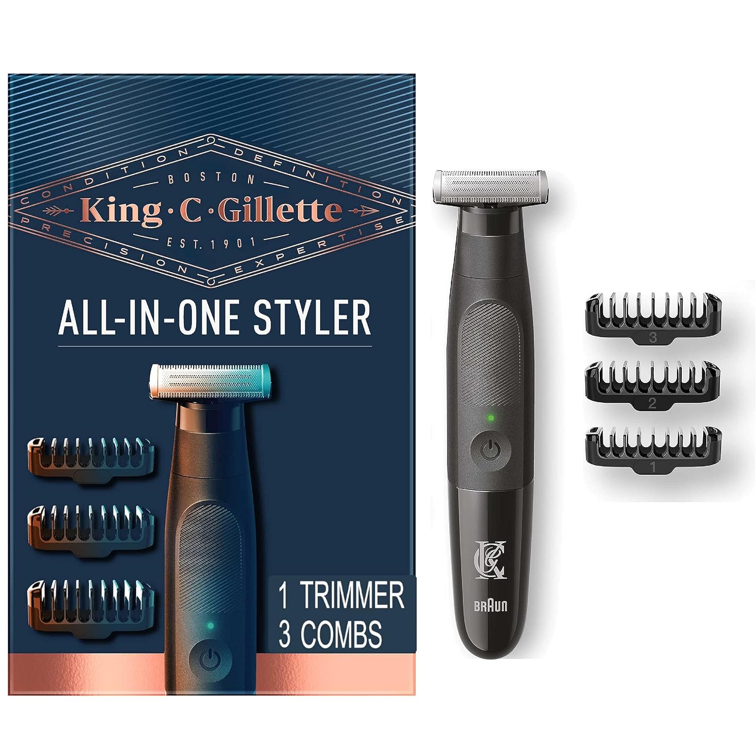 ماكينة تشذيب اللحية King C. Gillette All-in-One: لاسلكية، مقاومة للماء، شفرة رباعية الأبعاد - سوداء