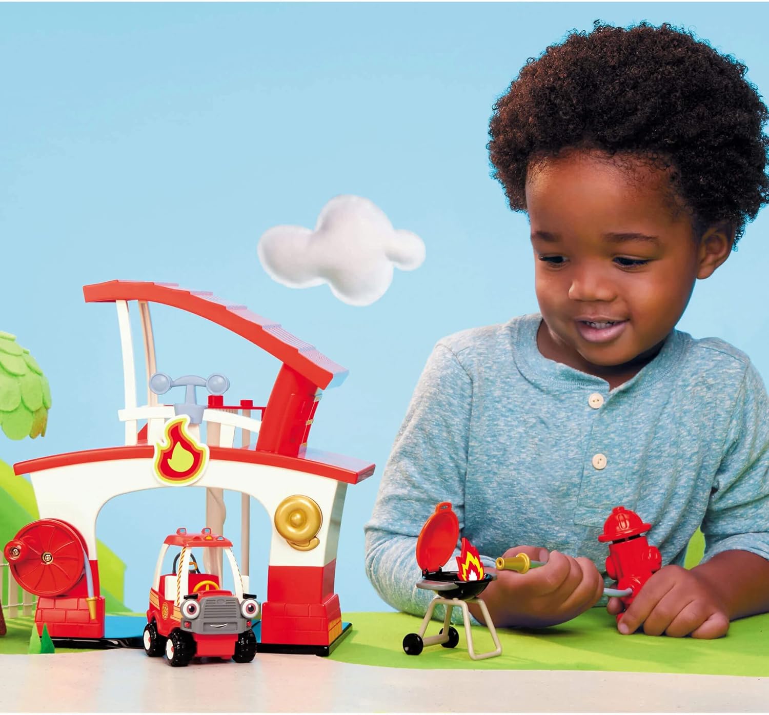 Little Tikes Let’s Go Cozy Coupe Fire Station Playset For Tabletop & Floor Play - Includes Cozy Fire Truck, Rescue Hat, Barbecue Grill & Fire Hydrant