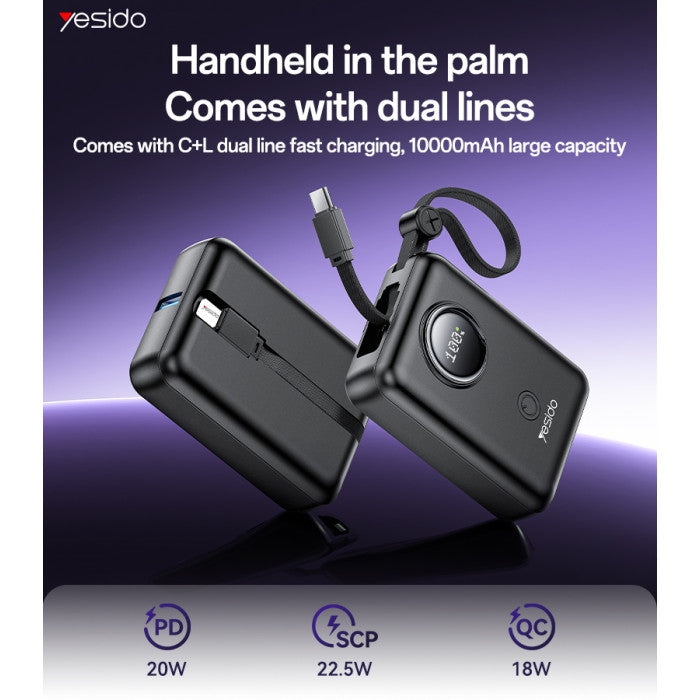 Yesido YP64 10000mAh 22.5W Fast Charging Power Bank with Built-in Cables