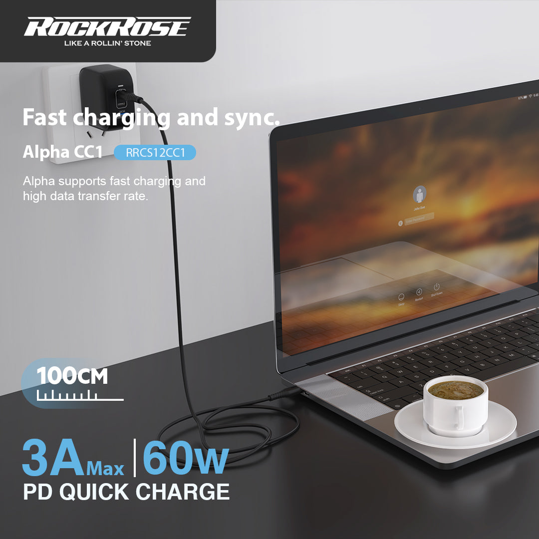 RockRose Alpha CC1 1M USB-C To USB-C Fast Charge & Sync Cable - Black