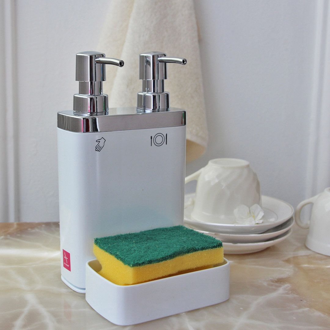 Primanova Double Soap Dispenser with Sponge Dish – White Primanova Double Soap Dispenser with Sponge Dish – White