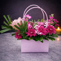 Pink Handbag Flower Base 14 – Magenta Chrysanthemum & Lily Arrangement