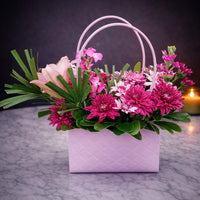 Pink Handbag Flower Base 14 – Magenta Chrysanthemum & Lily Arrangement