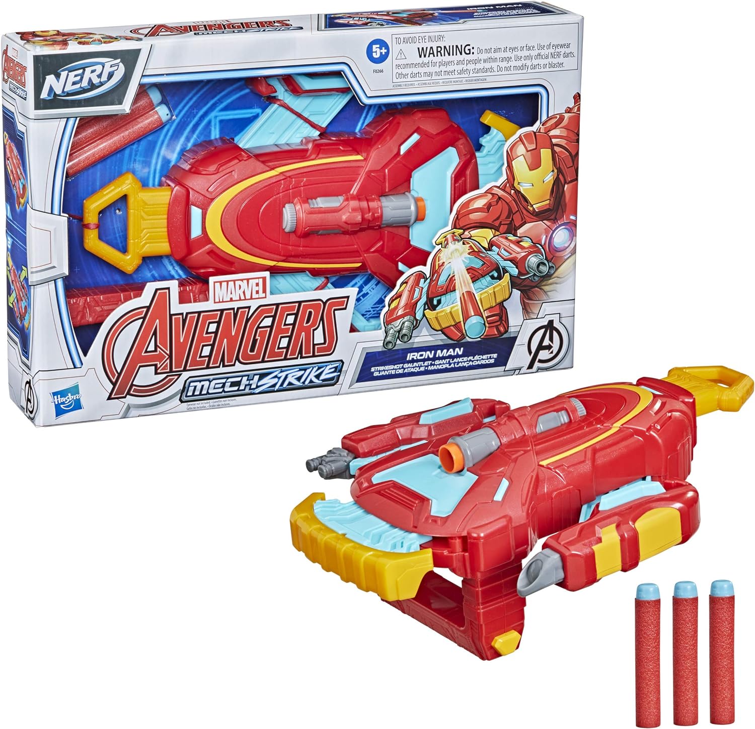 Hasbro Avengers Marvel Mech Strike Iron Man Strikeshot Gauntlet Role Play Toy with 3 NERF Darts, Pull Handle to Expand, for Kids Ages 5 and Up