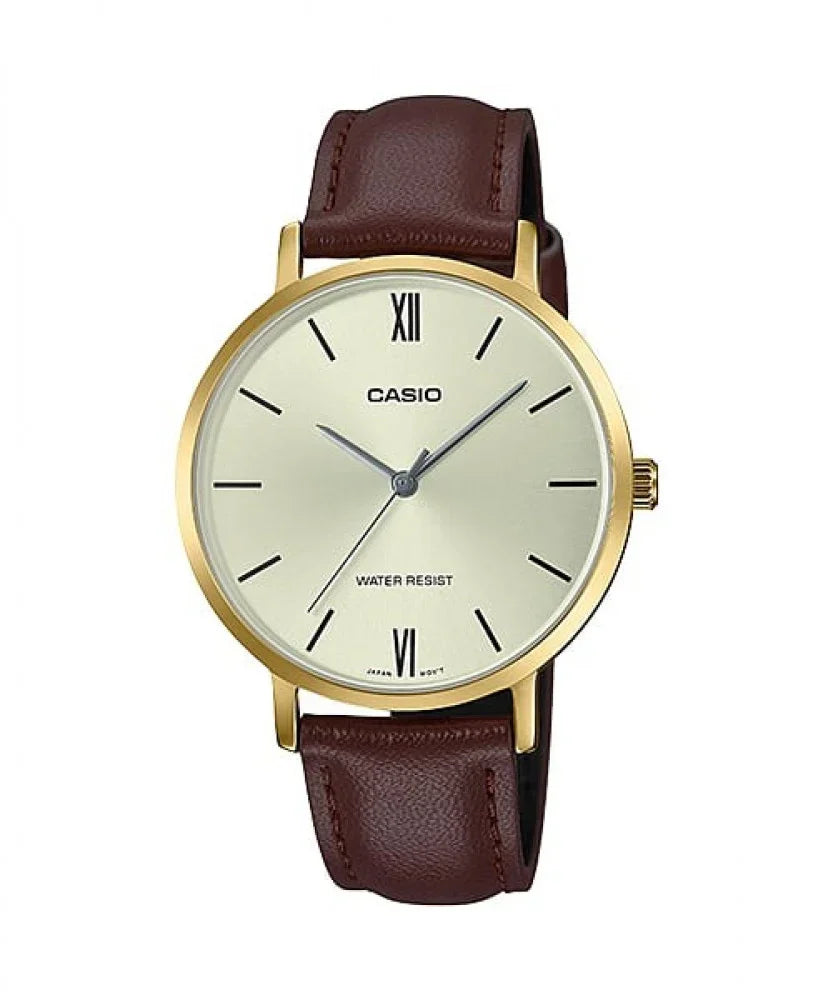 Casio LTP-VT01GL-9B Women's Minimalistic Gold Tone Brown Leather Band Casio LTP-VT01GL-9B Women's Minimalistic Gold Tone Brown Leather Band