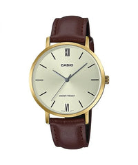 Casio LTP-VT01GL-9B Women's Minimalistic Gold Tone Brown Leather Band