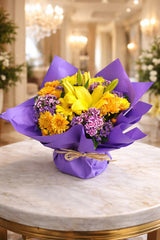 Yellow Lily & Orange Chrysanthemum Base 14 – Vibrant Purple Wrap Arrangement