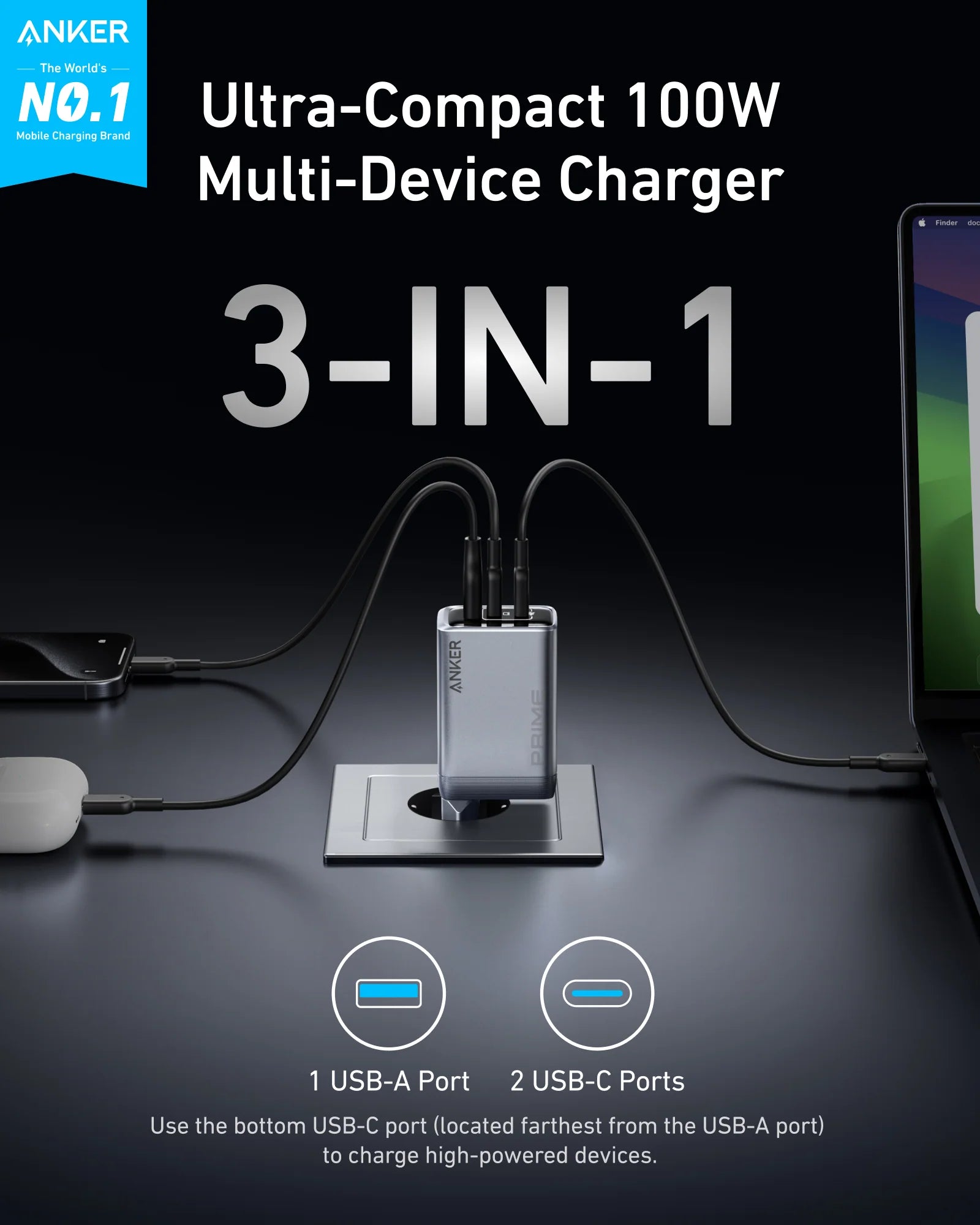 شاحن Anker Prime 100 واط GaN – 3 منافذ شحن سريع