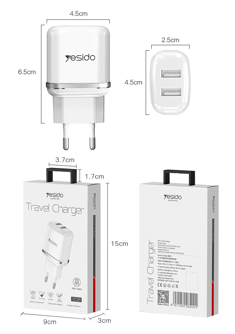 YESIDO YC26 Portable 18W EU Plug USB Wall Charger