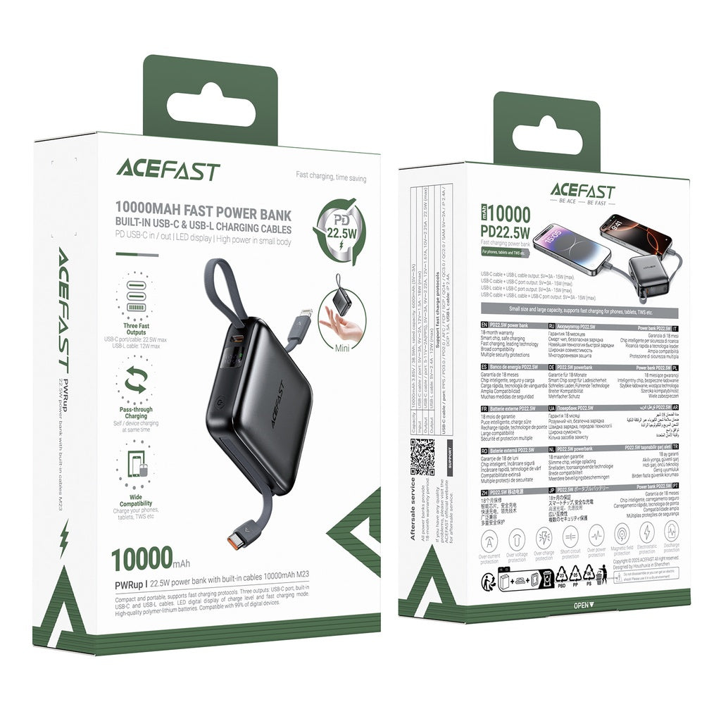 باور بنك Acefast M23-10000 مع كابلين مدمجين وشحن سريع