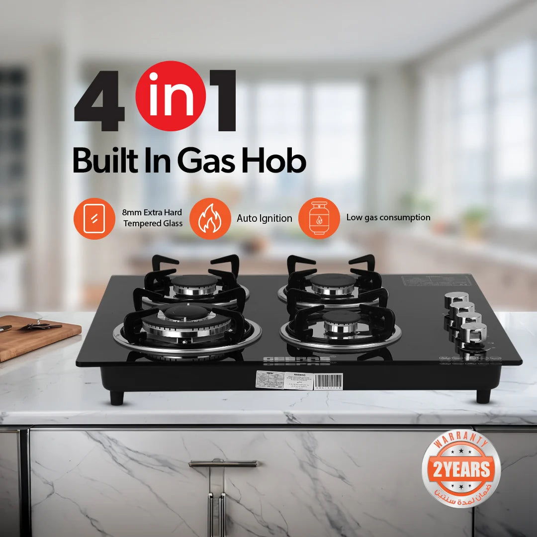 Geepas 4-Burner Tempered Glass Gas Hob, 6.51kW, Auto Ignition, Black GK4410