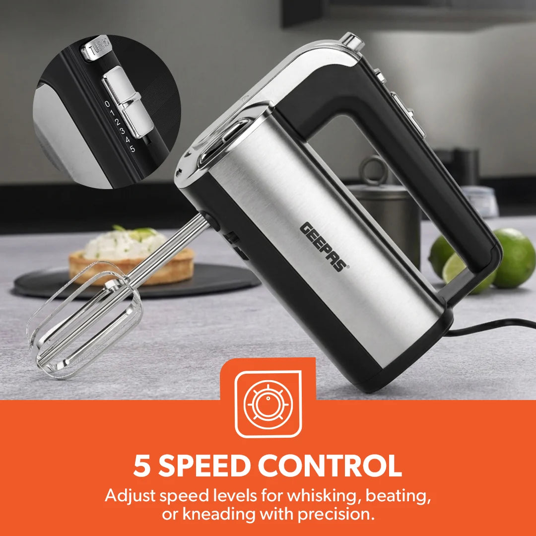 Geepas 400W Hand Mixer with 5 Speeds, Turbo Function, Black/Silver GHM2001