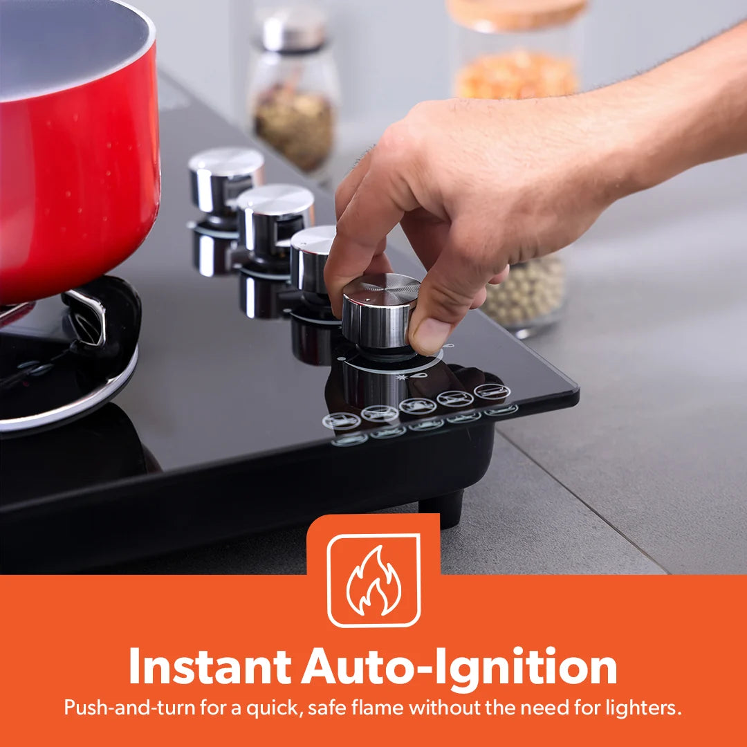 Geepas 4-Burner Tempered Glass Gas Hob, 6.51kW, Auto Ignition, Black GK4410