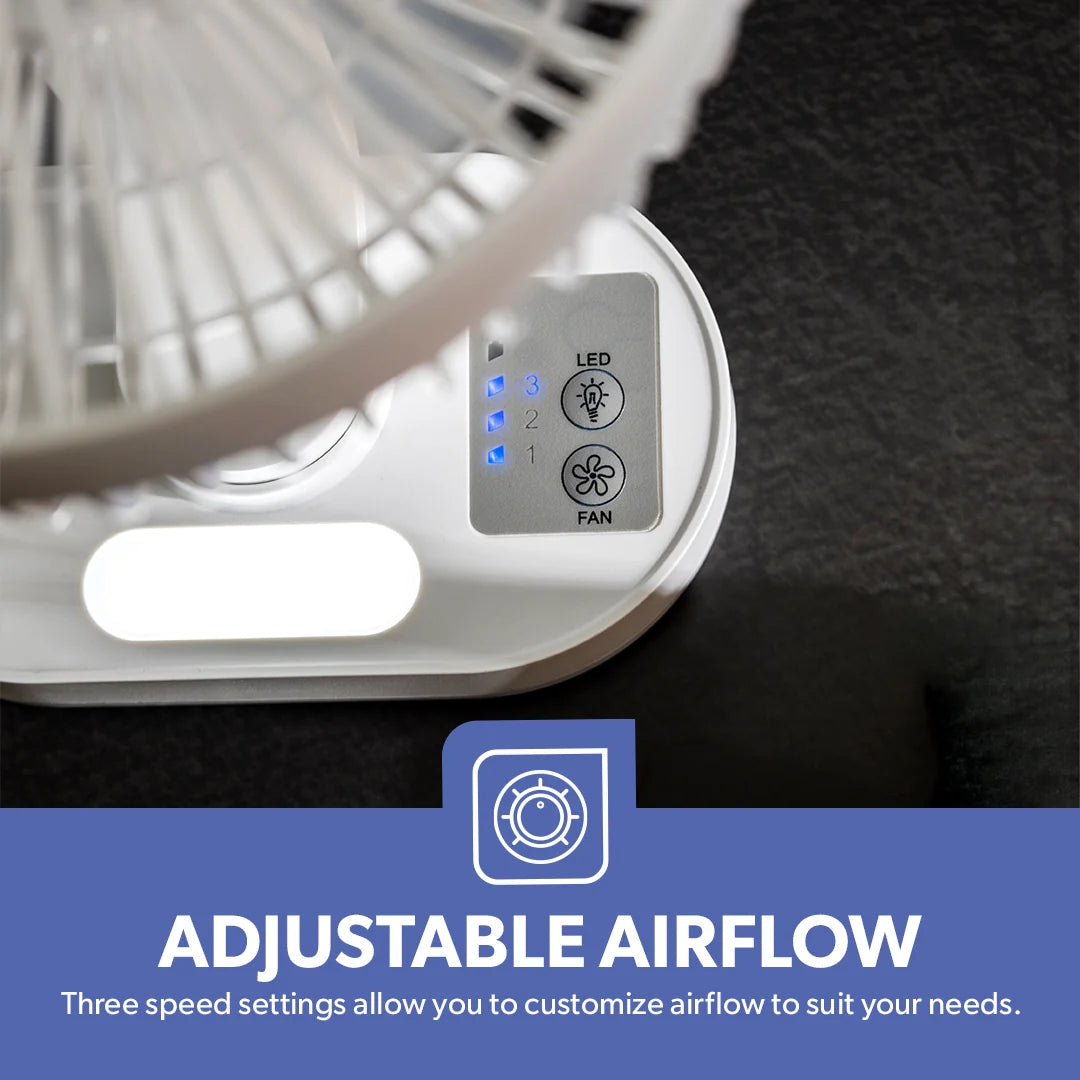 Geepas 8" Rechargeable Fan with LED Night Light, 9H Runtime, 3 Speeds, White GF21157