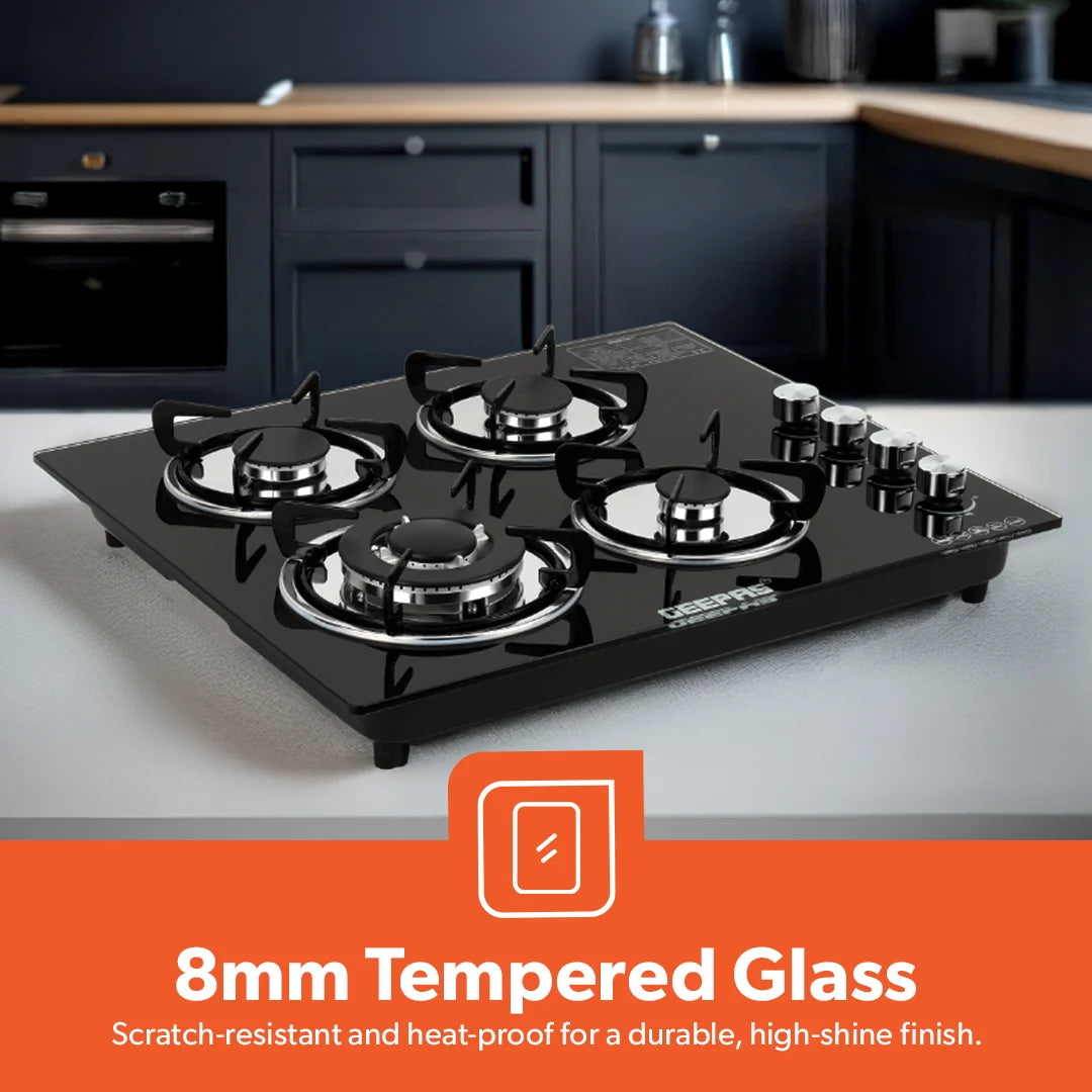 Geepas 4-Burner Tempered Glass Gas Hob, 6.51kW, Auto Ignition, Black GK4410
