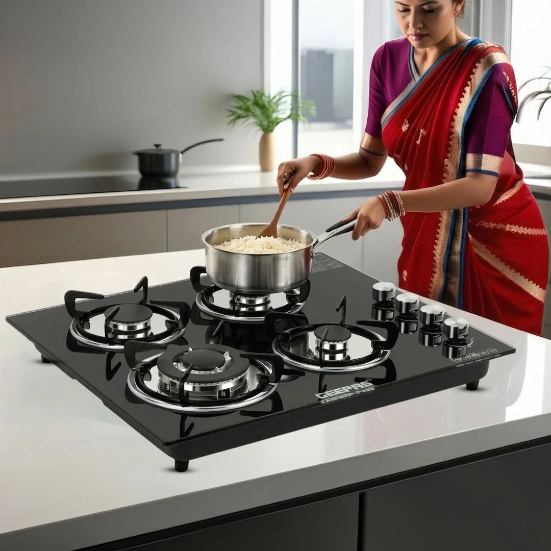 Geepas 4-Burner Tempered Glass Gas Hob, 6.51kW, Auto Ignition, Black GK4410