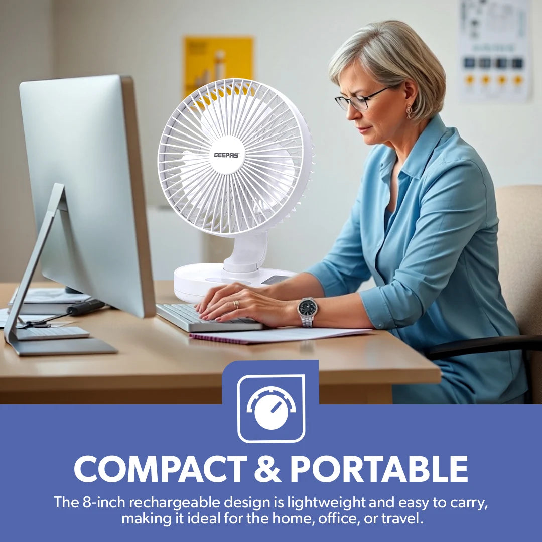 Geepas 8" Rechargeable Fan with LED Night Light, 9H Runtime, 3 Speeds, White GF21157