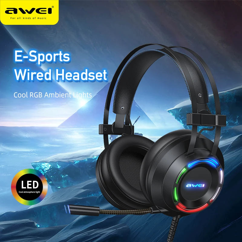 Awei USB + 3.5mm Ambient Light Gaming Wired Headset with Microphone - Black Awei USB + 3.5mm Ambient Light Gaming Wired Headset with Microphone - Black