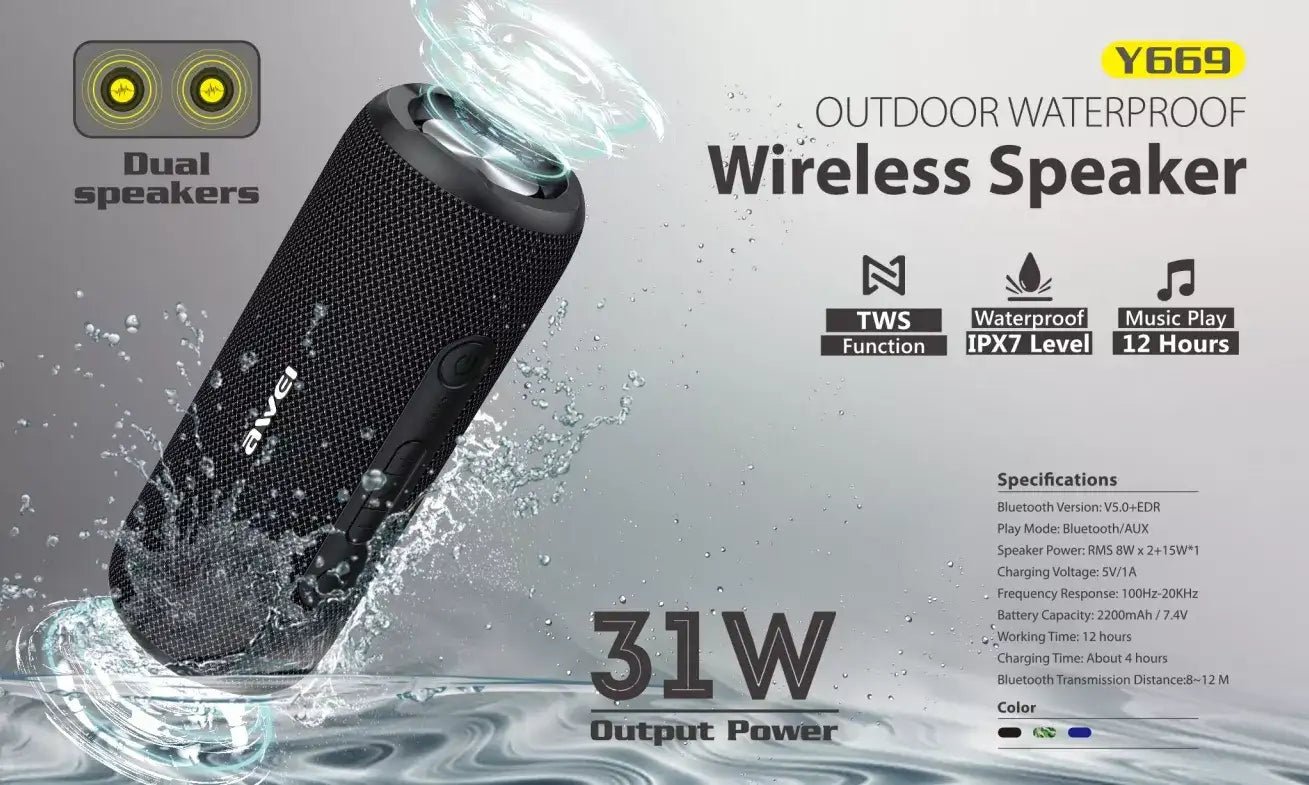 Awei Outdoor Bluetooth 5.0 Speaker Portable Sound Box Super Power 3D Stereo Surround Sound