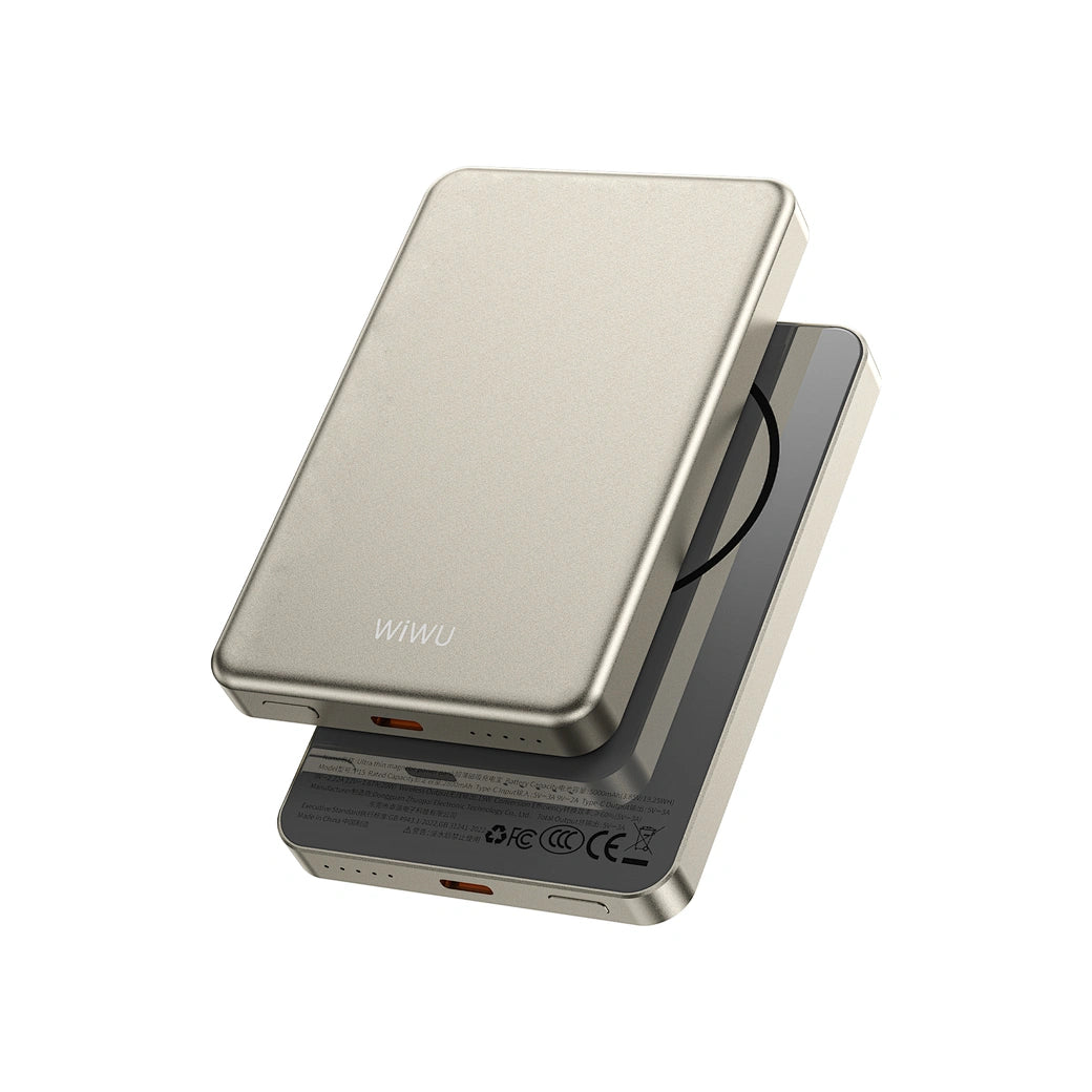 بنك طاقة مغناطيسي فائق النحافة من ويوو بسعة 5000 مللي أمبير - شحن لاسلكي بقوة 15 واط (فضي)