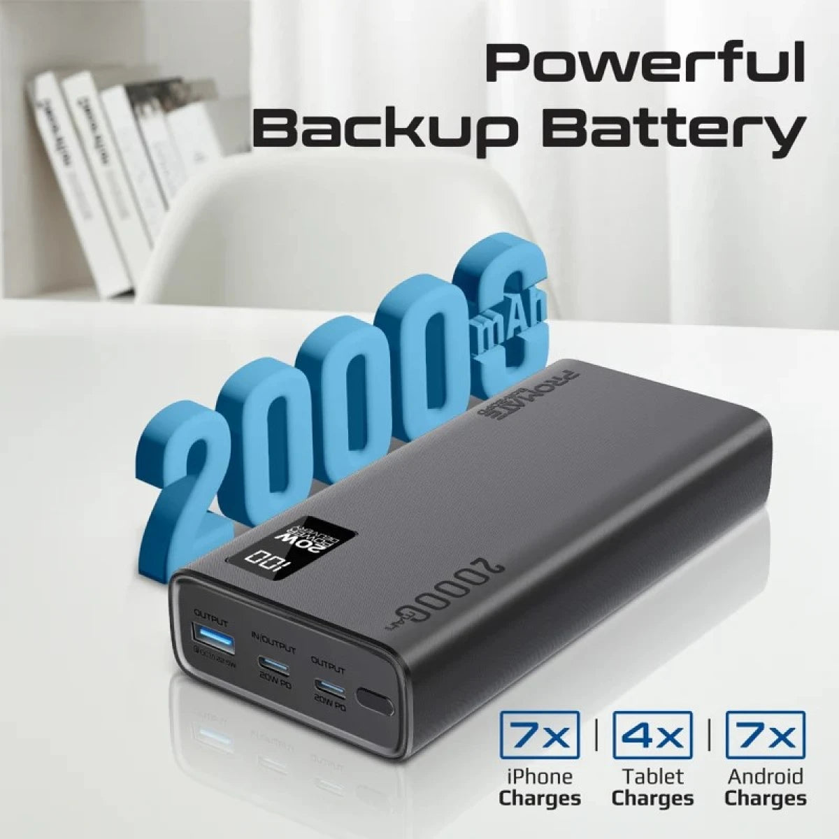 Promate Bolt-20PD Power Bank 20000mAh Ultra-Slim Portable Charger 20W