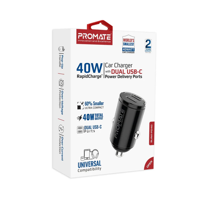PROMATE Bullet-PD40 RapidCharge™ 40W Car Charger with Dual USB-C Power Delivery Ports