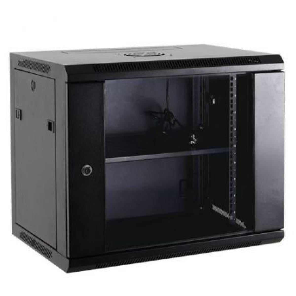 HAING 12U Wall-Mount Network Cabinet, 600 x 600 x 640mm, Glass Door, Cooling Fan, 4-Port PDU and Shelf