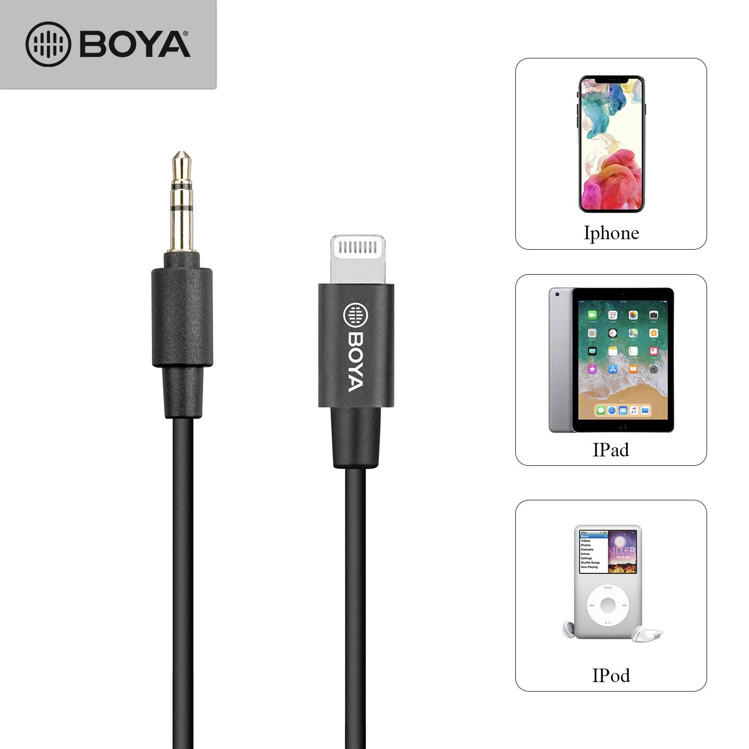 BOYA 3.5mm Male to Apple MFi Male Certified Lightning Adapter Cable (20cm) - Black