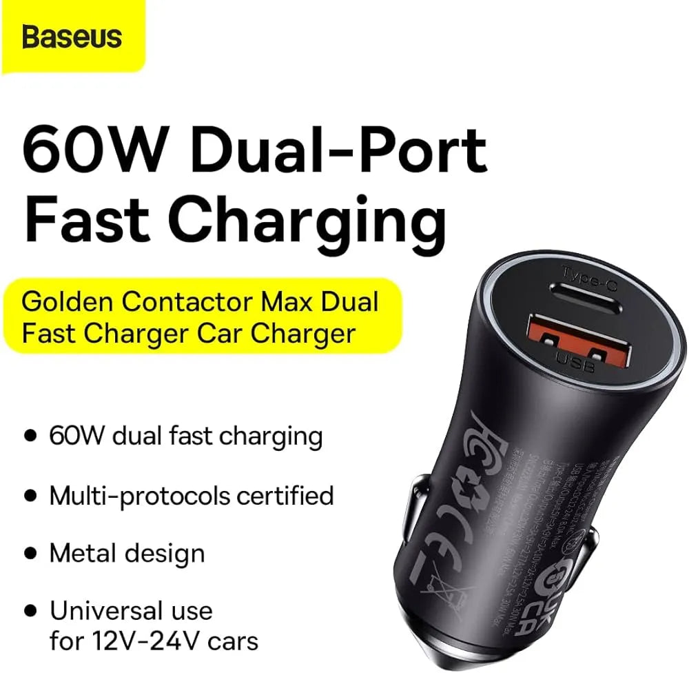 Baseus Golden Contactor Max 60W Fast Car Charger USB + USB-C Baseus Golden Contactor Max 60W Fast Car Charger USB + USB-C