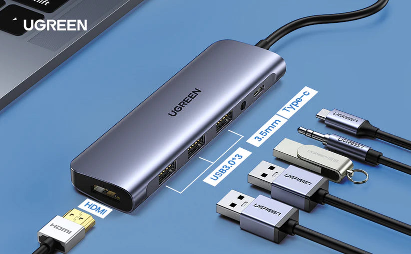 محول UGREEN USB-C متعدد الوظائف بـ HDMI و3×USB وصوت 3.5مم