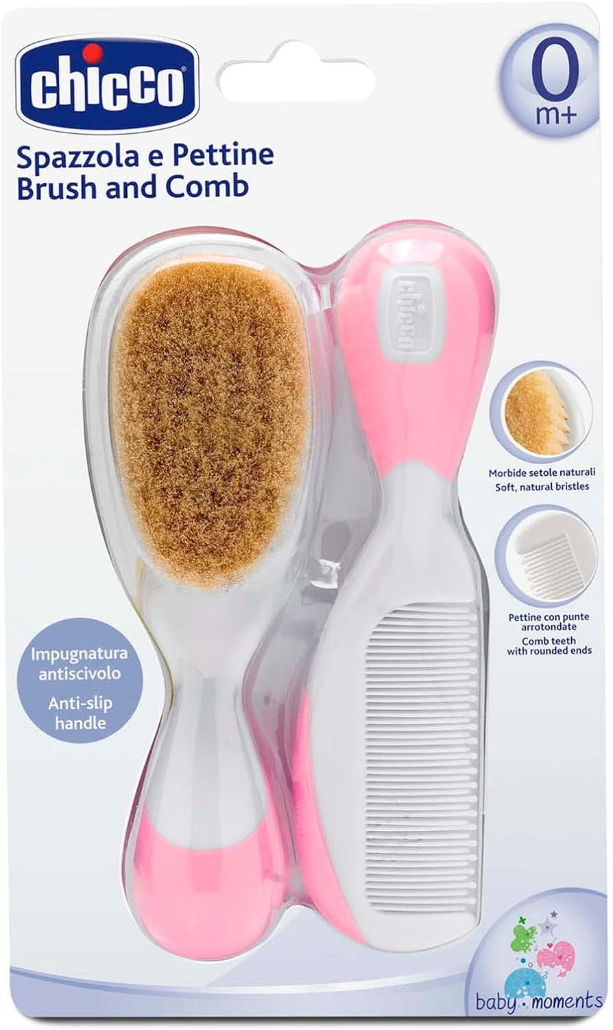 Chicco Baby Brush & Comb Set Soft & Safe for Delicate Scalp - Pink