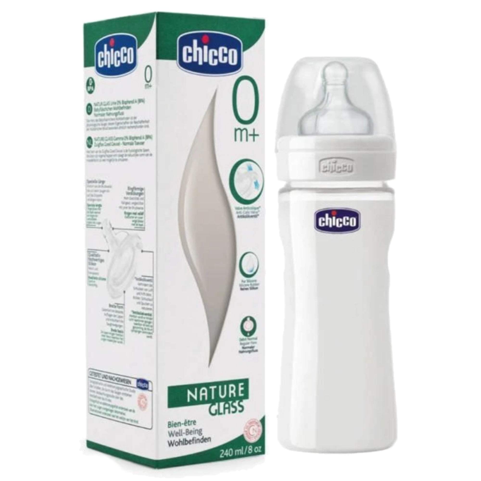 Chicco Glass Bottle 240ml NORMAL SIL Anti-Colic & Natural Silicone Teat