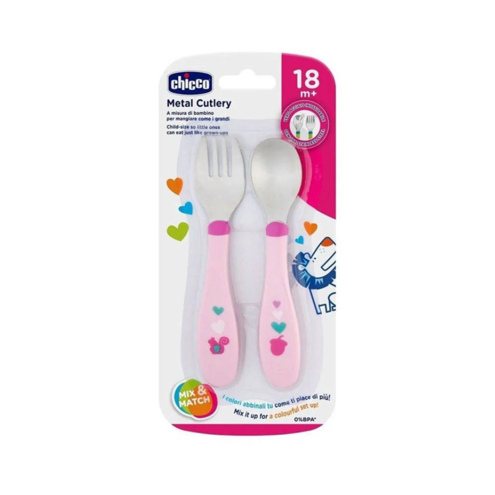 Chicco Metal Cutlery 18M+ GIRL Safe & Lightweight -  Pink 
