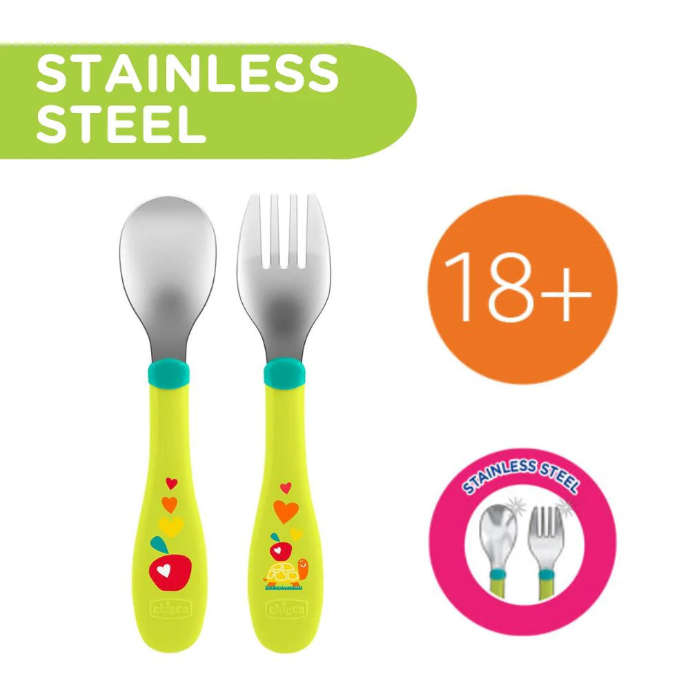 Chicco Metal Cutlery 18M+ Neutral Safe & Lightweight - Green Chicco Metal Cutlery 18M+ Neutral Safe & Lightweight - Green
