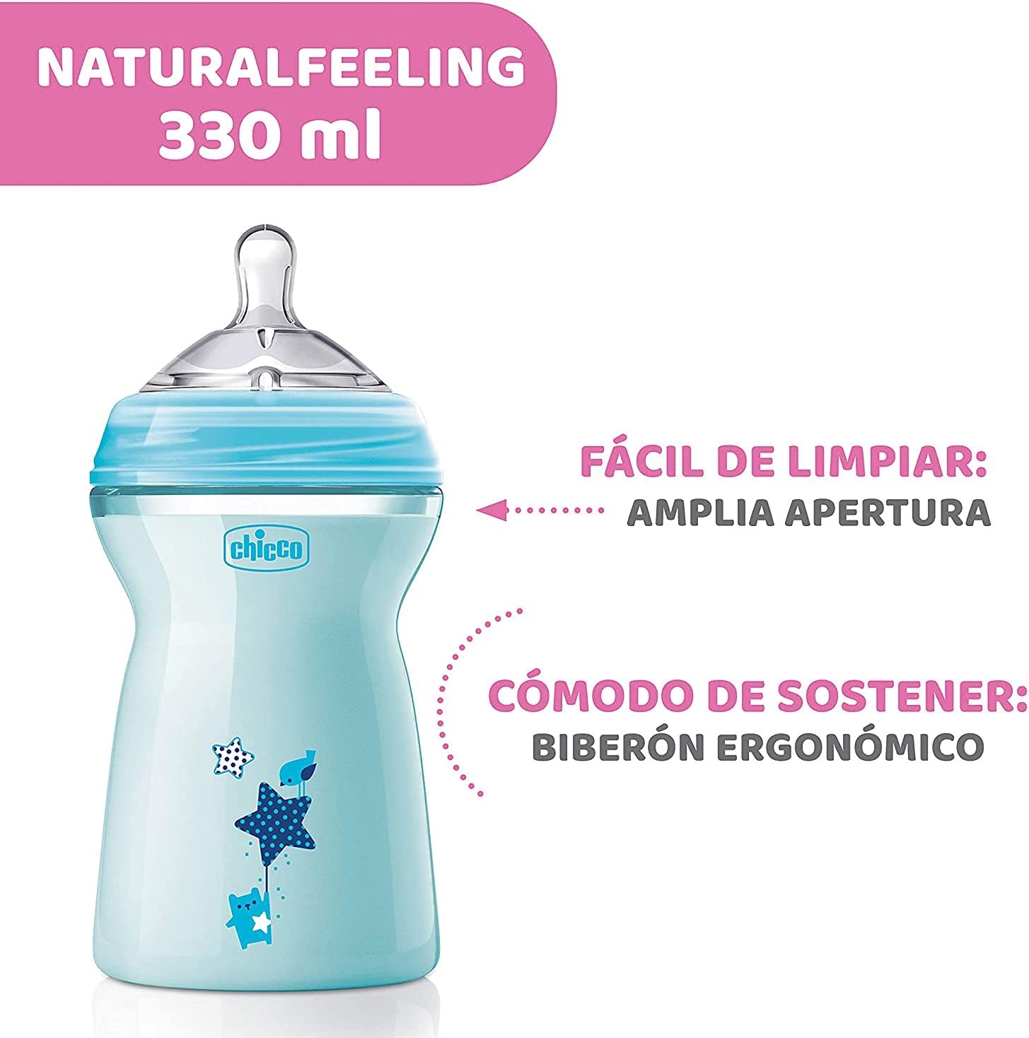 Chicco Natural Feeling Bottle 330ml Fast Flow 6M+ - Blue Chicco Natural Feeling Bottle 330ml Fast Flow 6M+ - Blue