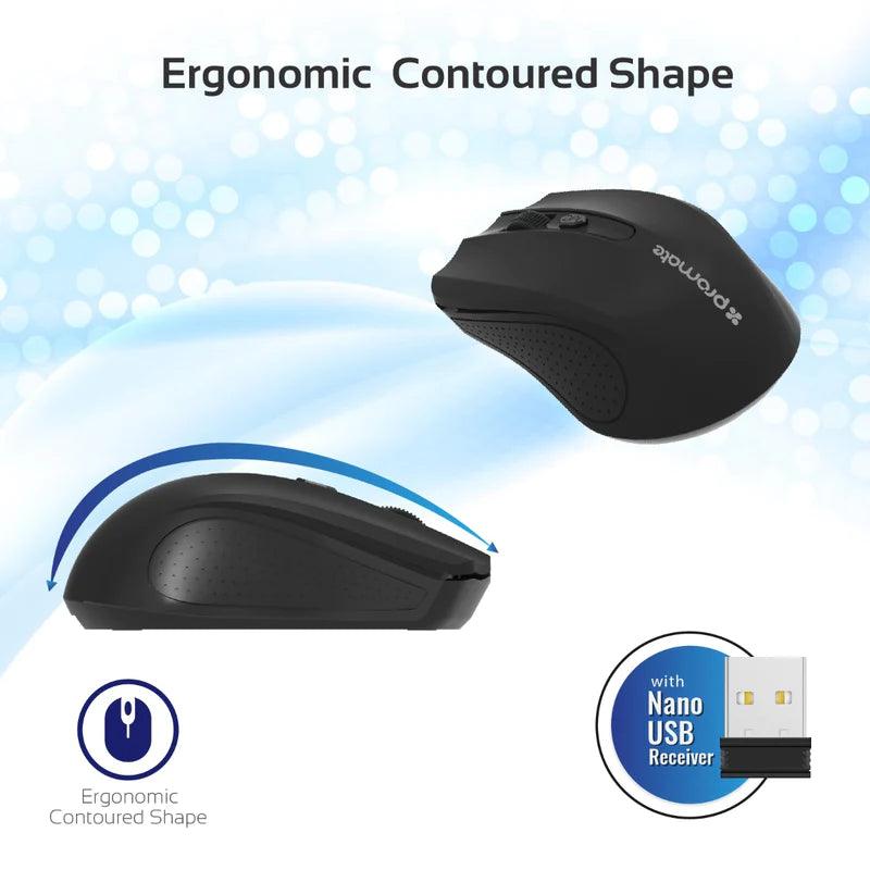 PROMATE Clix-8 Wireless Ergonomic Mouse with High Precision - Black