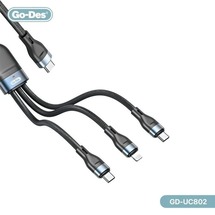 GO-DES 3 in 1 PD Multiport Cable Type-C to 2 Type-C 1 Lightning
