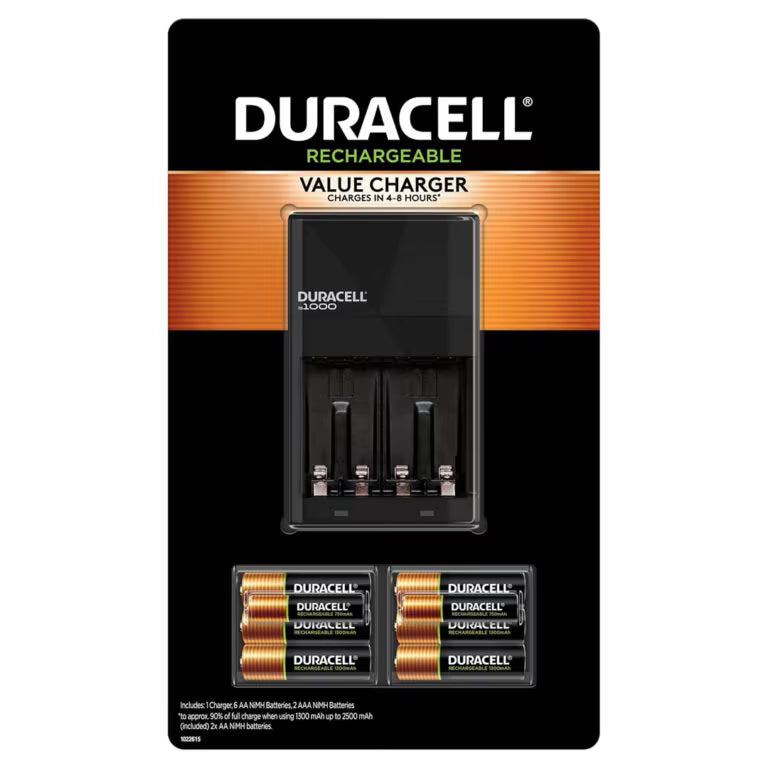 Duracell Ion Speed 1000 Battery Charger – With 6 AA & 2 AAA Rechargeable NiMH Batteries, Auto Shutoff