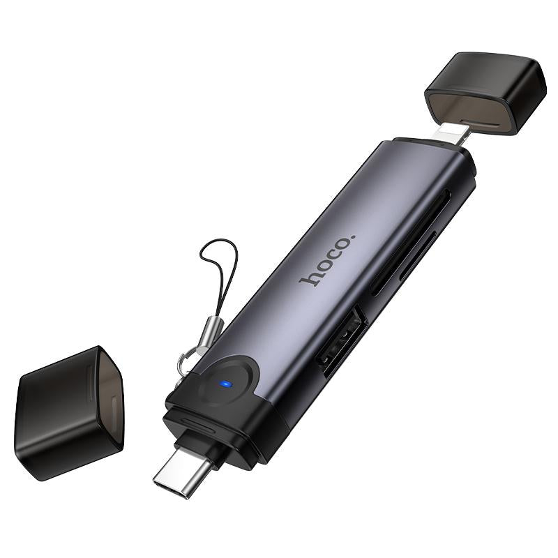HOCO HB56B Victory 3-in-1 Card Reader – USB-C & Lightning (8 Pin) to SD, TF, USB2.0 – Metal Grey
