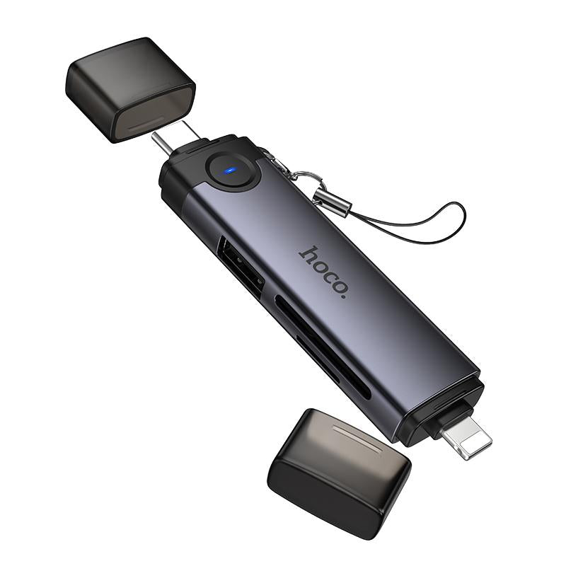 HOCO HB56B Victory 3-in-1 Card Reader – USB-C & Lightning (8 Pin) to SD, TF, USB2.0 – Metal Grey