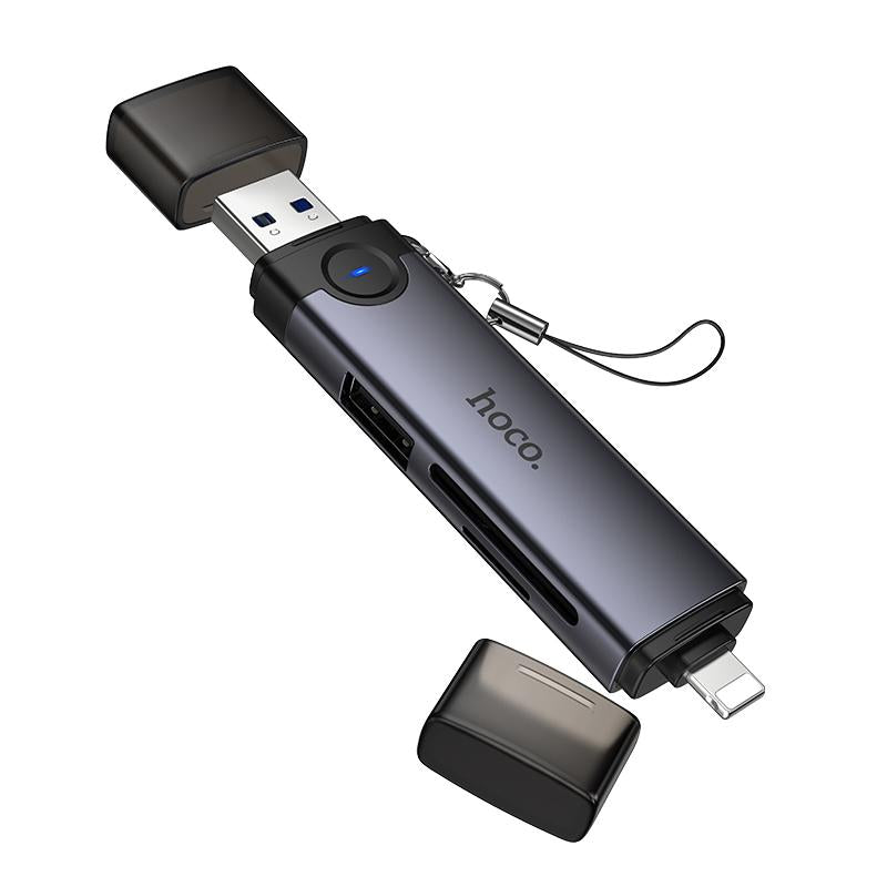 HOCO HB56A Victory 3-in-1 Card Reader – USB-A & Lightning (8 Pin) to SD, TF, USB2.0 – Metal Grey
