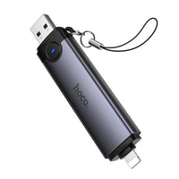 قارئ بطاقات HOCO HB56A Victory 3 في 1 – منفذ USB-A ومنفذ Lightning (8 دبابيس) إلى بطاقات SD وTF وUSB 2.0 – رمادي معدني