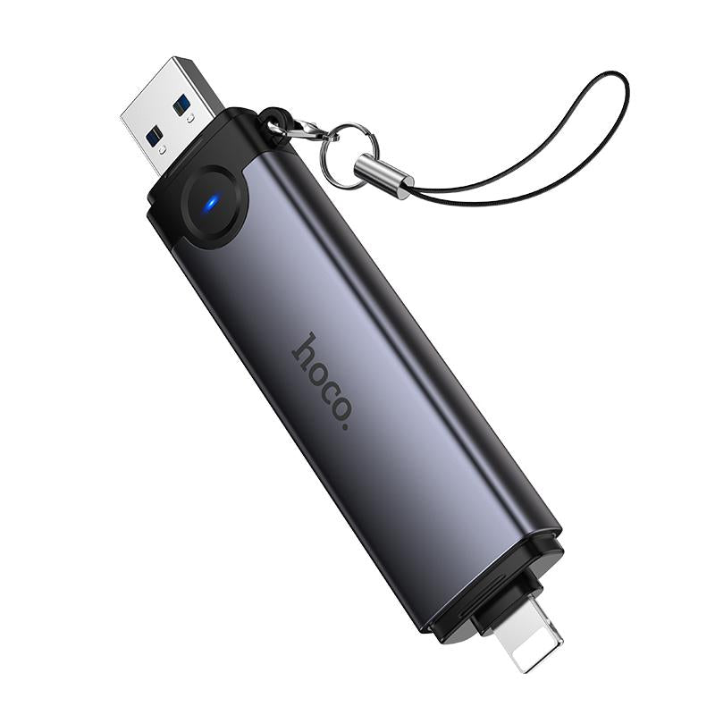 HOCO HB56A Victory 3-in-1 Card Reader – USB-A & Lightning (8 Pin) to SD, TF, USB2.0 – Metal Grey
